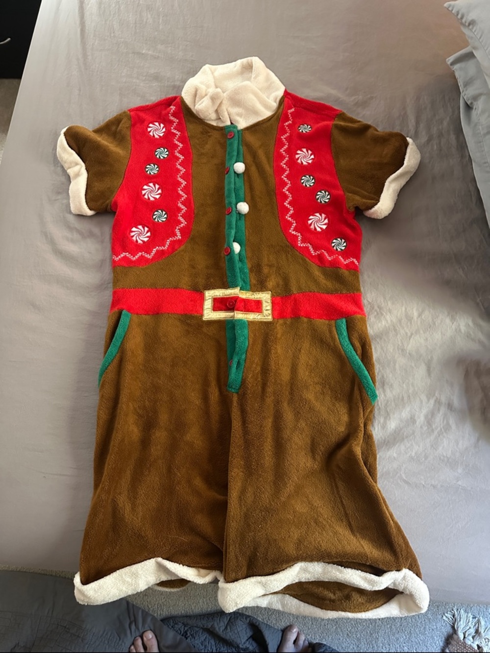 Kids Brown Gingerbread Elf Costume Romper with Red & Green Accents